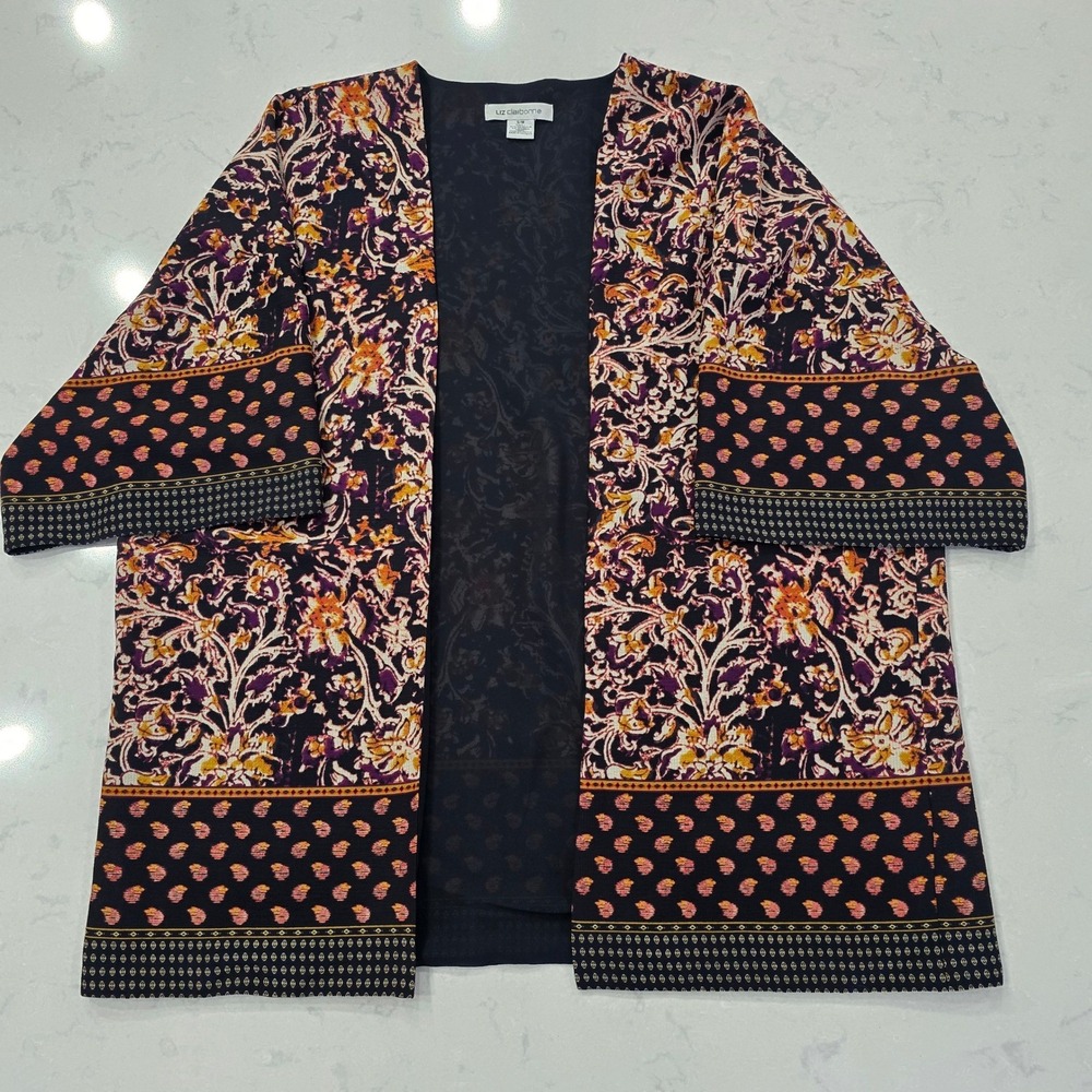 Liz Claiborne Floral Paisley Kimono Wrap Cardigan Purple Orange S/M